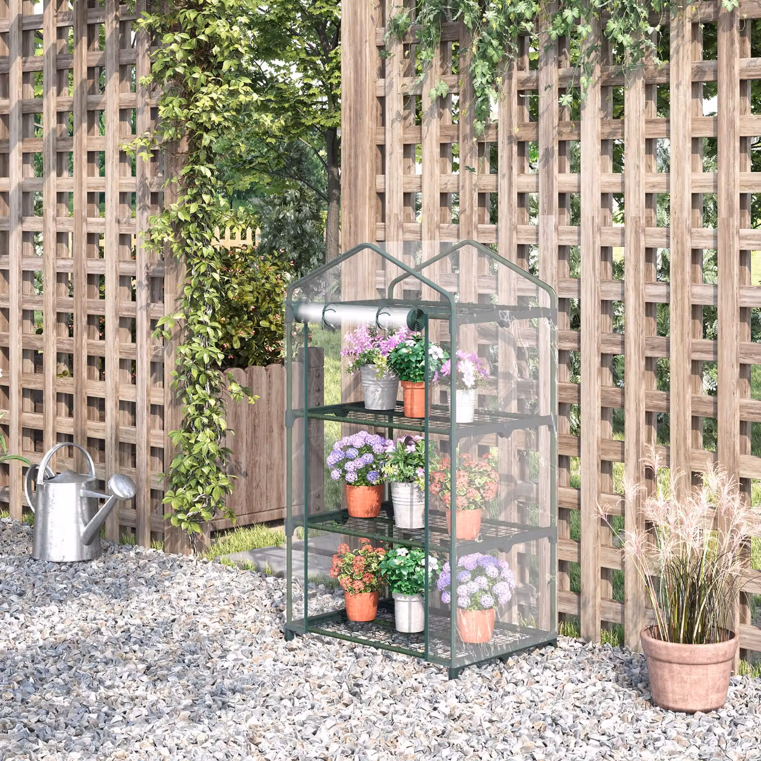 Serra da giardino Outsunny per orto con 3 ripiani e porta a cerniera, in plastica e acciaio, Trasparente, L/P/H: 69 x 49 x 125 cm – 2
