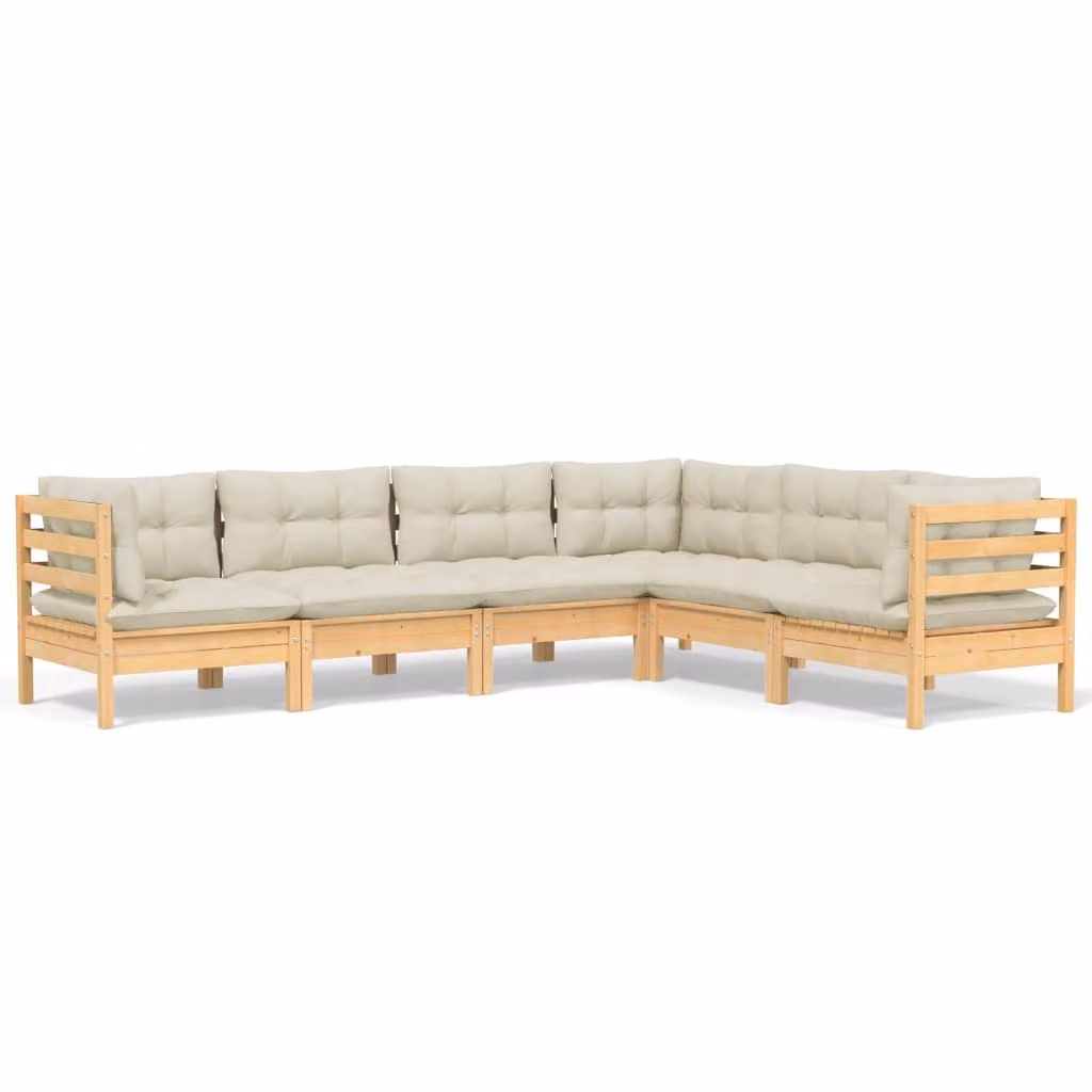 Set Divani da Giardino 6 pz con Cuscini Crema Massello di Pino