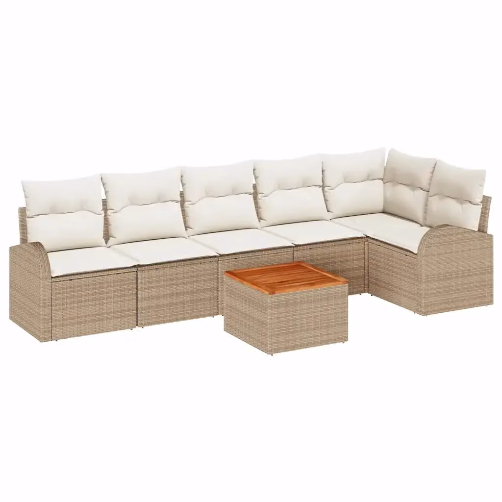 Set Divano da Giardino vidaXL 7 Pezzi in Polyrattan con Tavolino e Cuscini Beige e Bianco – 2