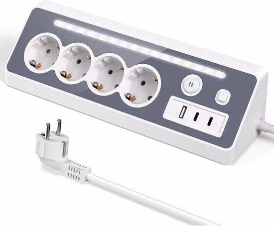 Presa multipla da ufficio - Presa multipla da ufficio multifunzionale - Con porte USB e Type-C - Con interruttore e indicatore LED - Presa multipla da ufficio conforme alle norme europee - Per cucine, uffici e camere da letto