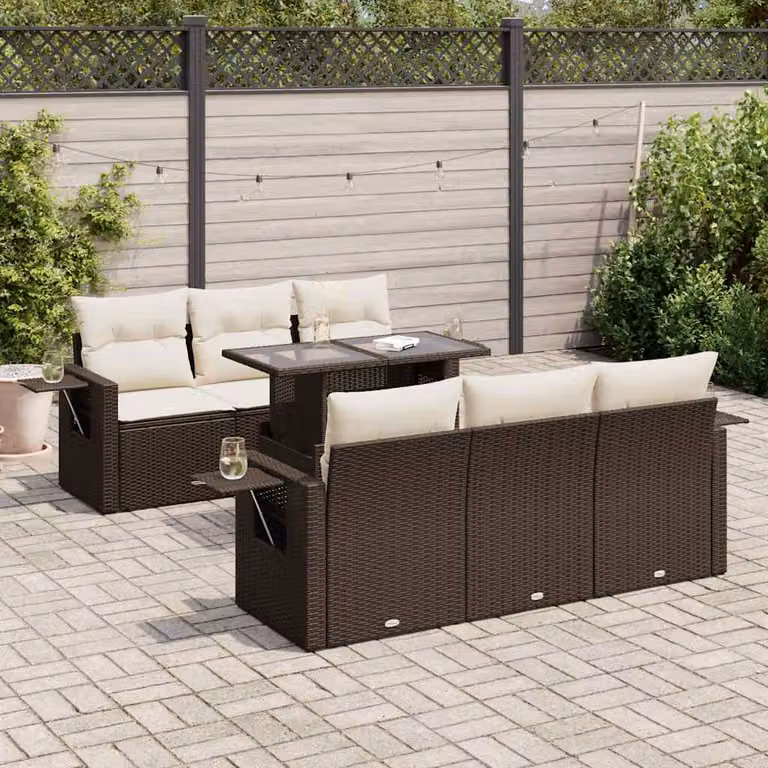 Set Divani da Giardino vidaXL 7 pz a Forma a L con Cuscini Marrone e Bianco in Polyrattan e Metallo