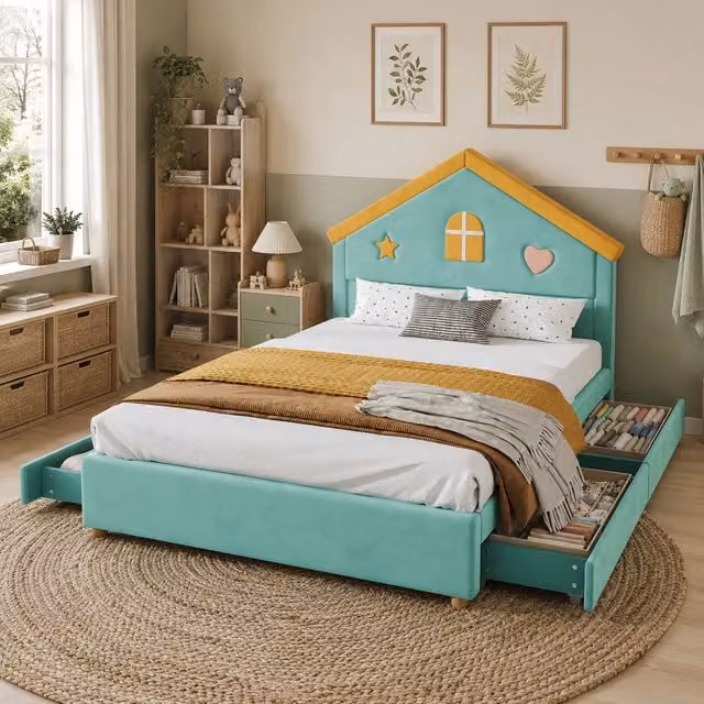 Letto a casetta per bambini 140x200 cm; imbottito in velluto verde petrolio con 4 cassetti per cameretta