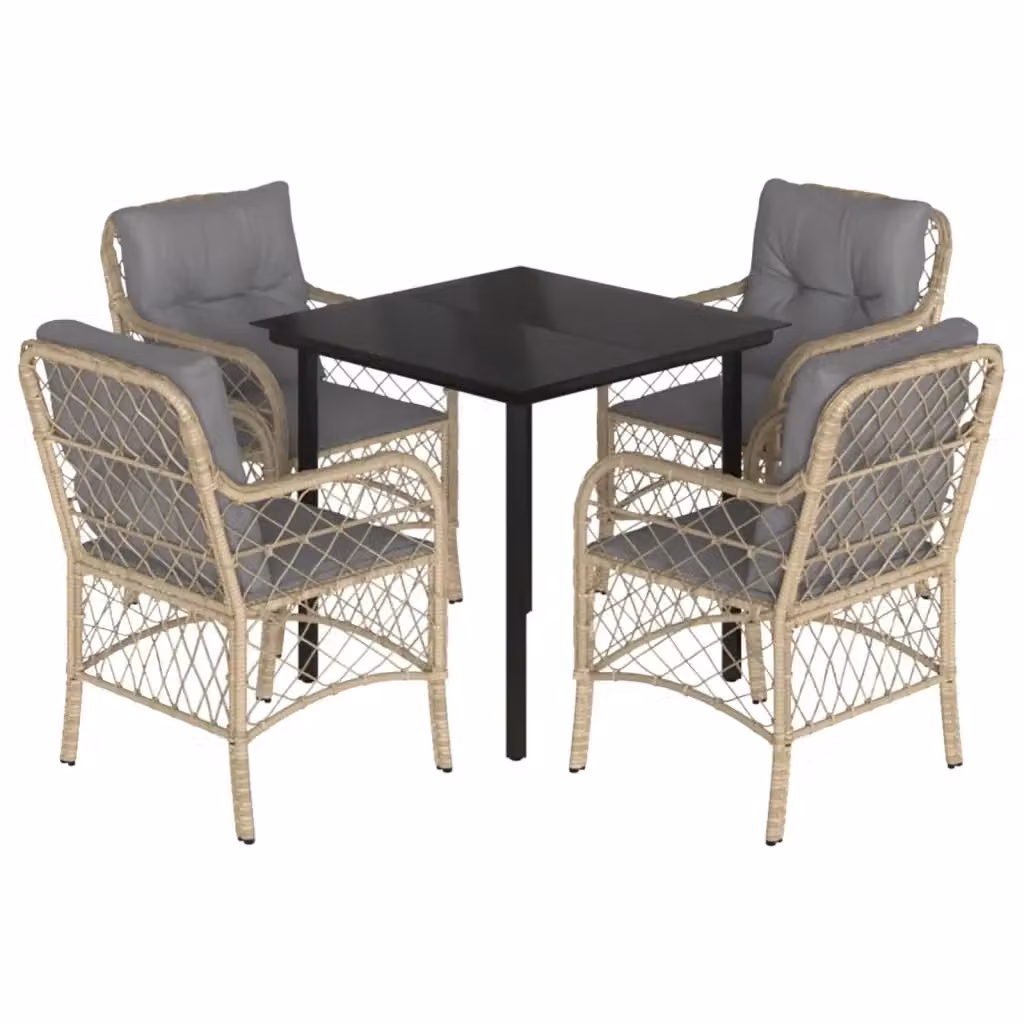 Set Pranzo da Giardino vidaXL in Polyrattan con Cuscini e Tavolo in Vetro, 5 Pezzi, Colore Beige Misto – 2