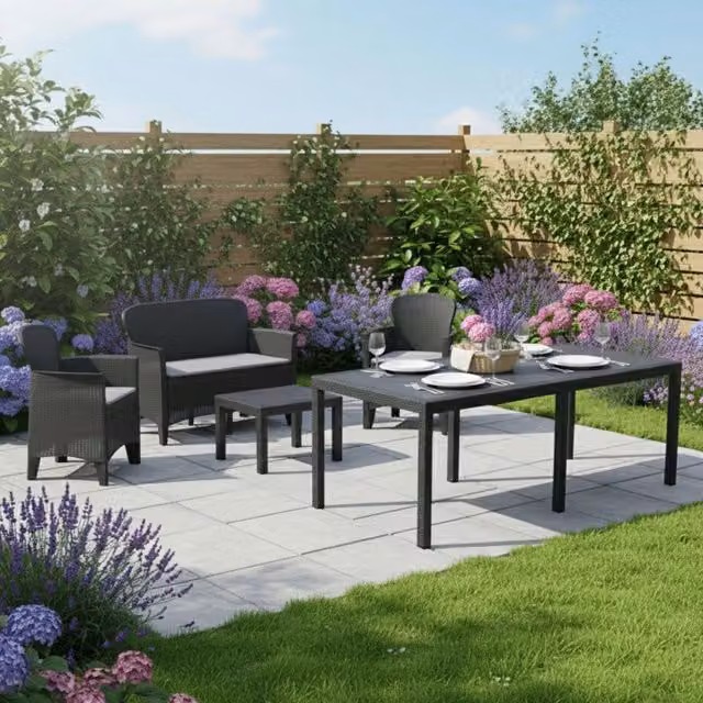 Salottino Outdoor Domaso, set Salotto da Esterno Salottino 4 Posti, Tavolo 10 Posti Posti Made in Italy, Nero Antracite