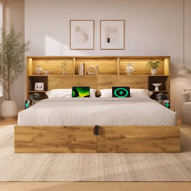 Letto matrimoniale con contenitore e rete a doghe legno rovere con comodini LED USB e USB-C
