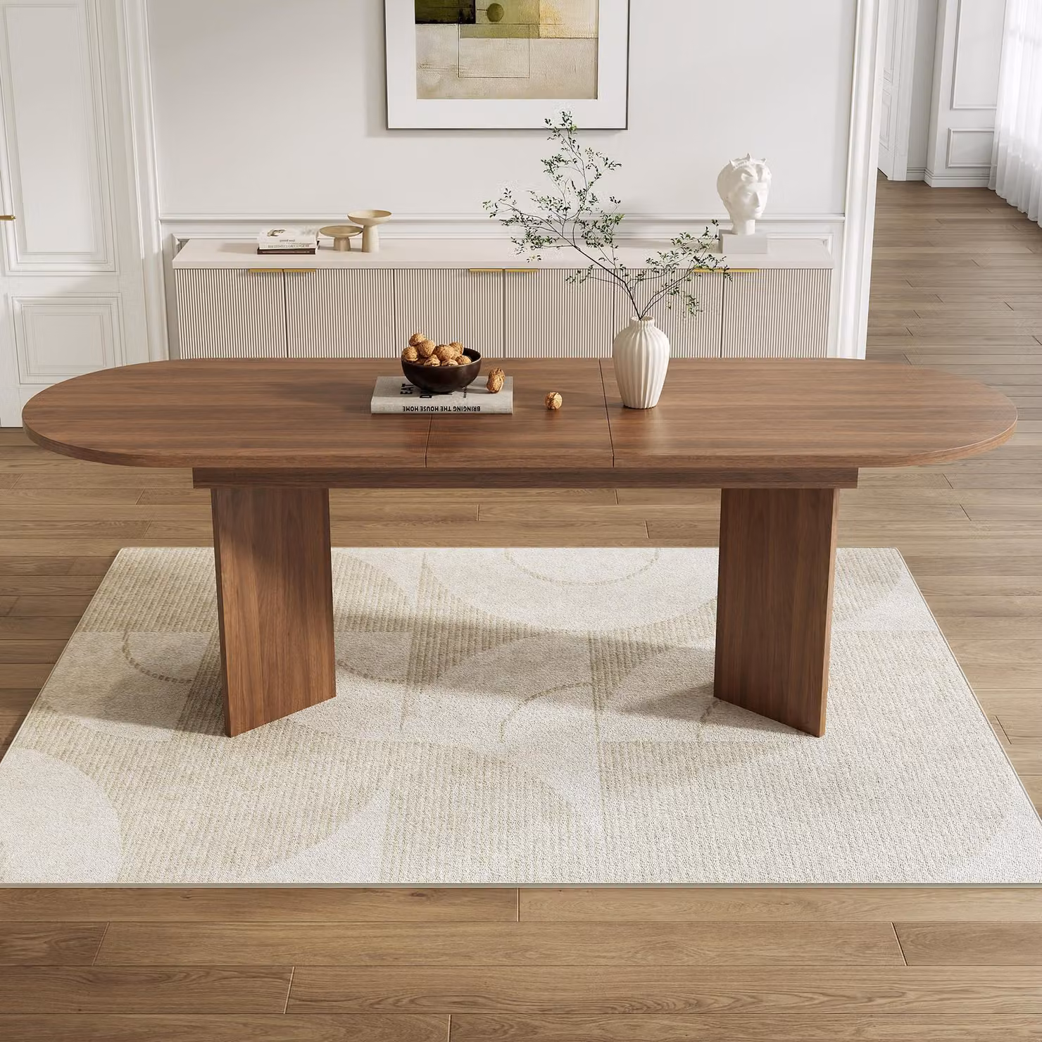Tavolo da pranzo ovale Flieks Tavolo da cucina con piano allungabile, tavolo da sala da pranzo per 4-8 persone, 160-200x90x75cm, noce