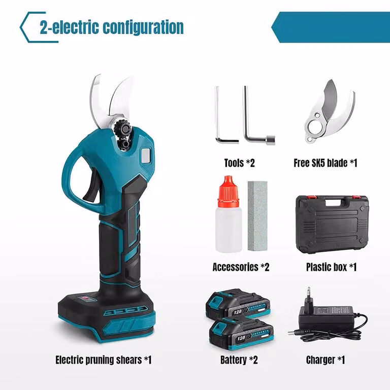 Forbice elettrica da giardino - Potatore a batteria - Capacità di taglio: 30 mm - Motore brushless - 2 velocità - Display LCD - 2 batterie - Lame in acciaio inossidabile