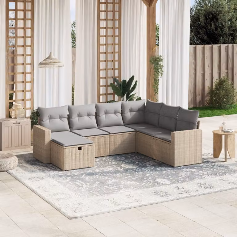 vidaXL Set Divano da Giardino a L 7 pz con Cuscini Beige e Grigio in Polyrattan e Metallo