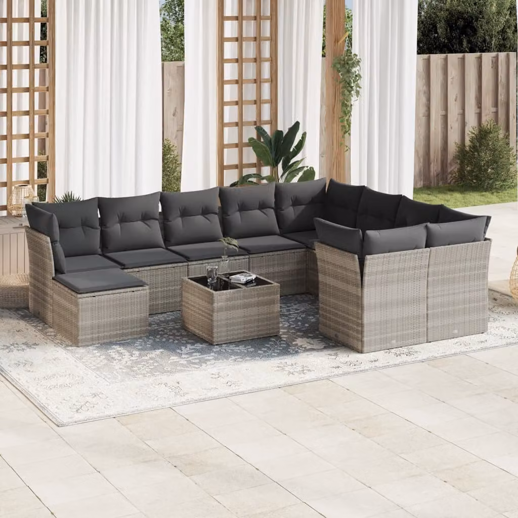 vidaXL Set Divani da Giardino 11 pz in Polyrattan Grigio con Cuscini e Tavolino