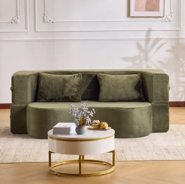 Divano letto pieghevole 180x110x70 cm in schiuma verde, con 2 cuscini, per soggiorno –