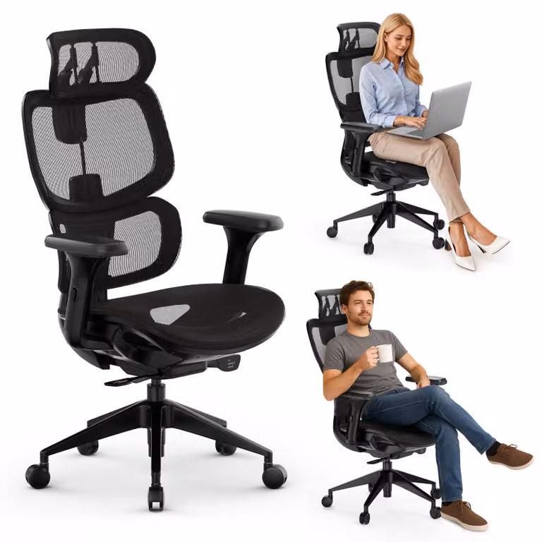 SENSE7 Nobu Sedia da ufficio ergonomica Sedia da scrivania nera con braccioli 3D, poggiatesta, schienale in rete, funzione oscillante, poltrona direzionale, home office, 130 kg