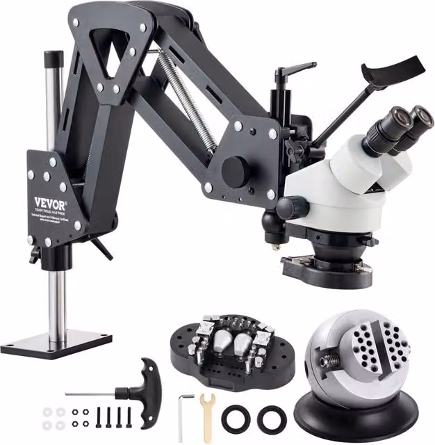 JH-1B Microscopio Binoculare 7X-45X con Braccio Flessibile a Molla Luce Anulare LED e Morsa a Sfera 360 per Oreficeria e Fai da Te