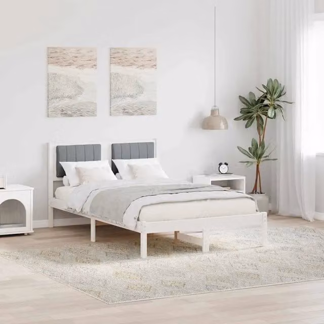 Letto matrimoniale moderno vidaXL con testiera rivestita in tessuto grigio chiaro, struttura in legno di pino, L/P/H: 120 x 200 cm