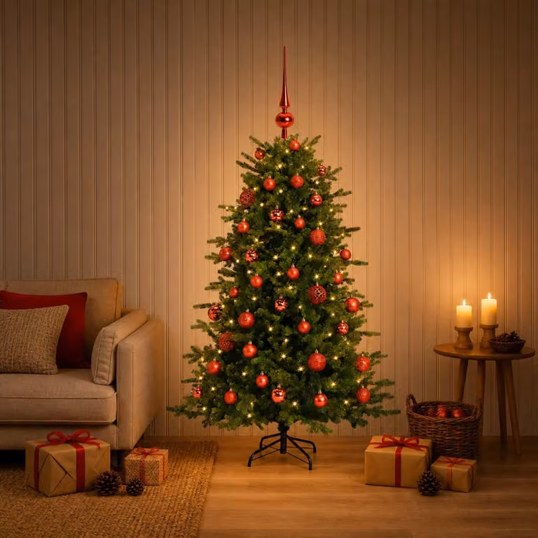 Albero di Natale artificiale con decorazioni natalizie, altezza 150 cm, 150 luci LED