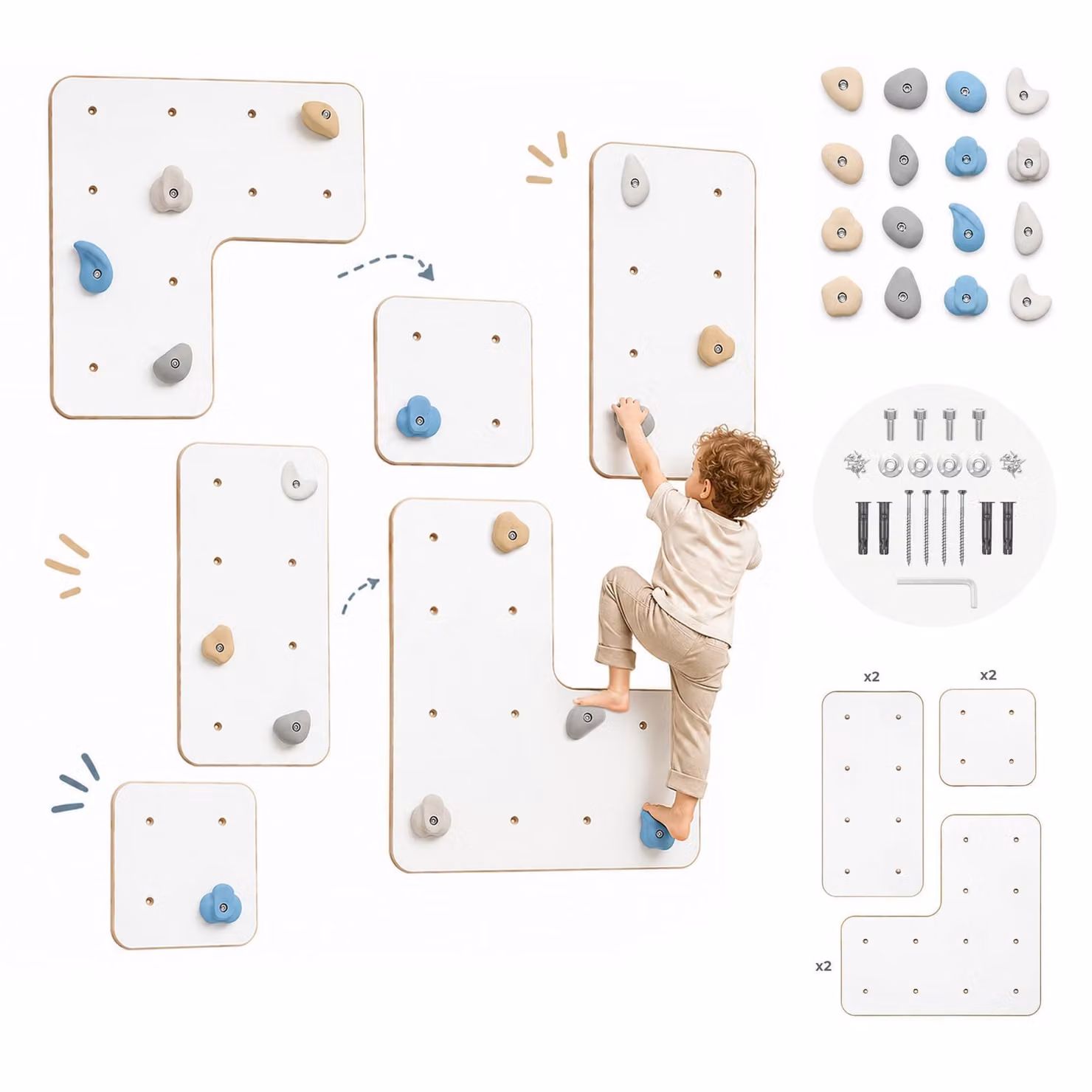 MAMOI ® Parete da arrampicata per bambini, parete da arrampicata modulare per cameretta, parete da arrampicata in legno per interni