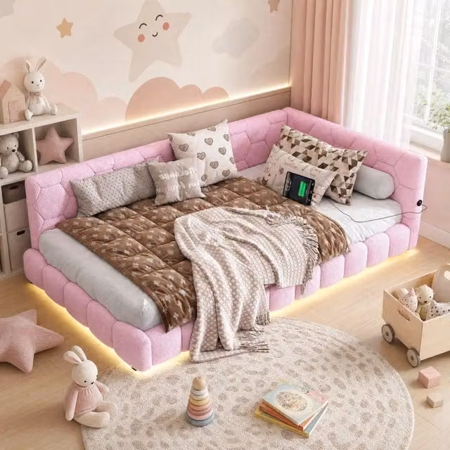 Letto Daybed REDOM in Velluto Rosa con Rete a Doghe e Porte USB, L/P: 90 x 200 cm