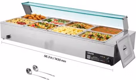 Scaldavivande Commerciale Elettrico Vevor in Acciaio Inox Argento con Coperchio in Vetro, Bagnomaria da Banco da 1700 W con 8 Teglie e Mestoli