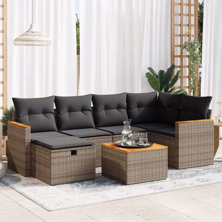 Set Divani da Giardino vidaXL 7 pz in Polyrattan Grigio con Cuscini e Tavolino da Esterno a Forma di L