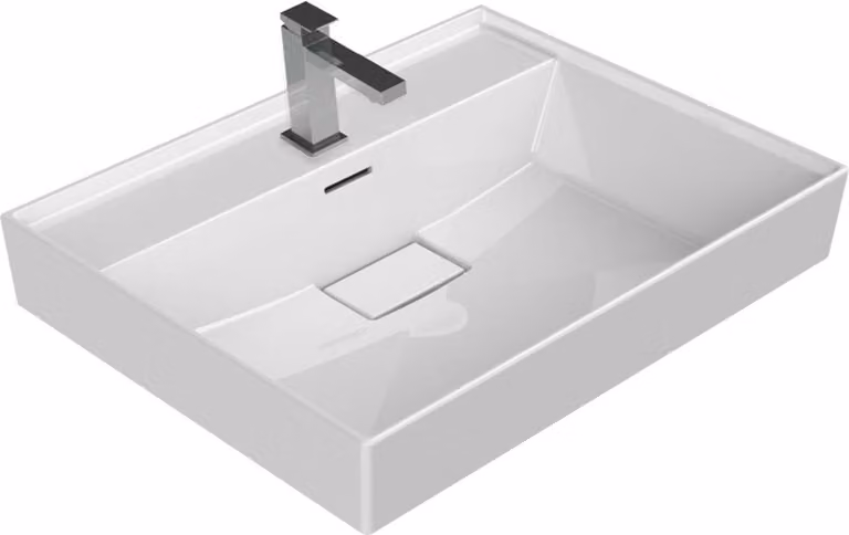 Lavabo da appoggio in Vetroceramica Belvit, modello da parete, dimensioni 60x48x10 cm, con foro per il tappo di scarico con troppofilo