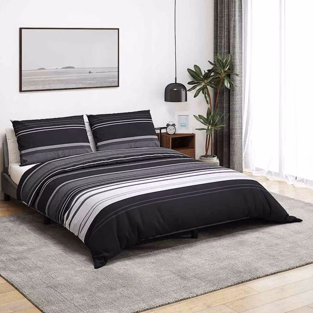 Set Copripiumino e Federe vidaXL a Strisce Nere e Grigie in Cotone, 140 x 200 cm