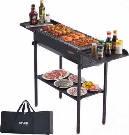 Griglia per Barbecue a Carbonella VEVOR Pieghevole e Portatile con Ripiani Laterali per Spezie, Colore Nero