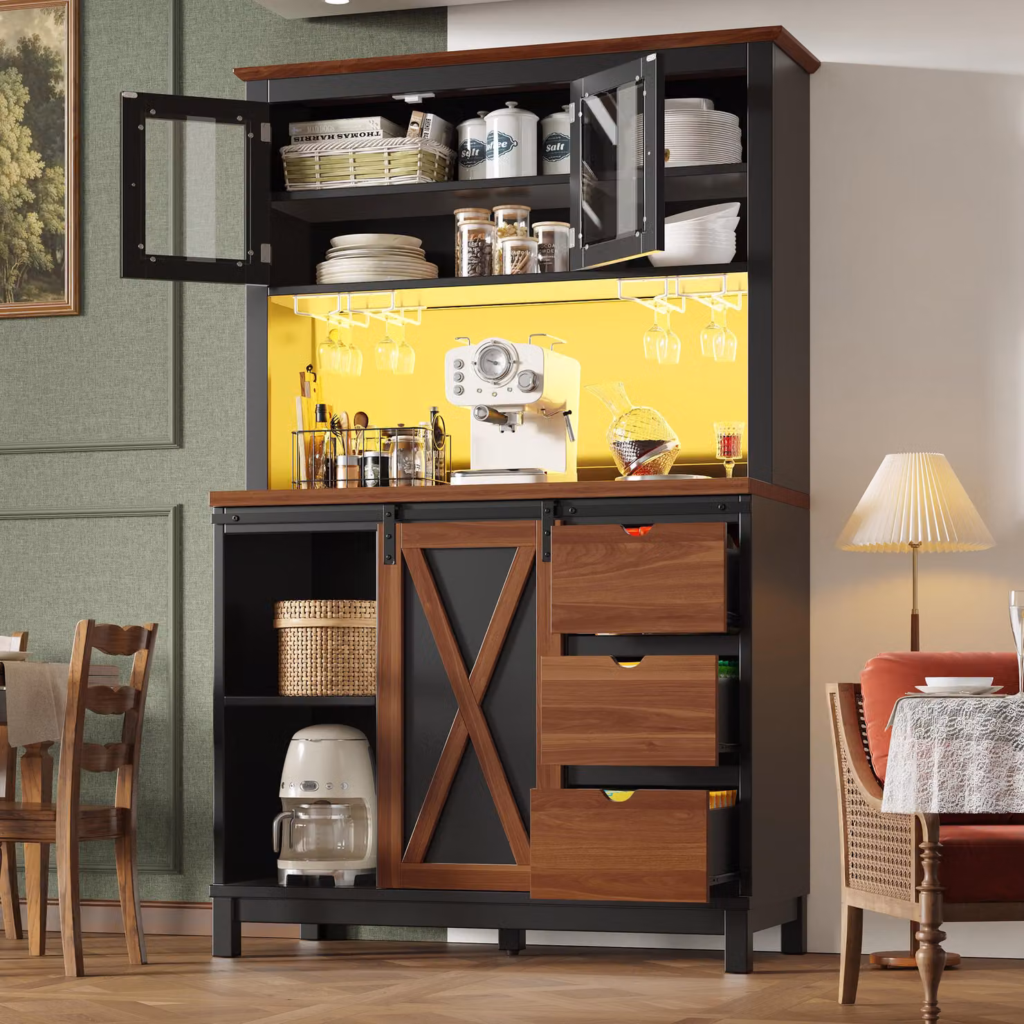 MODFU Armadio alto Armadio alto da cucina con cassetti e ante scorrevoli, armadio contenitore, armadio da cucina con illuminazione a LED e spazio di archiviazione, adatto per soggiorno o cucina, nero