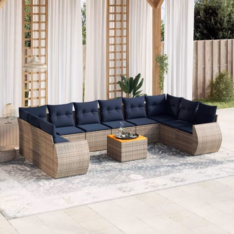 Set di divani da giardino vidaXL in polyrattan grigio con 11 pezzi, include cuscini e tavolino da esterno a forma di L