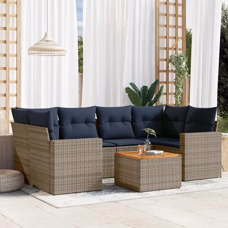 Set di divani da giardino vidaXL in polyrattan 7 pezzi con cuscini grigi e blu, design moderno a forma di L con tavolino e pouf incluso