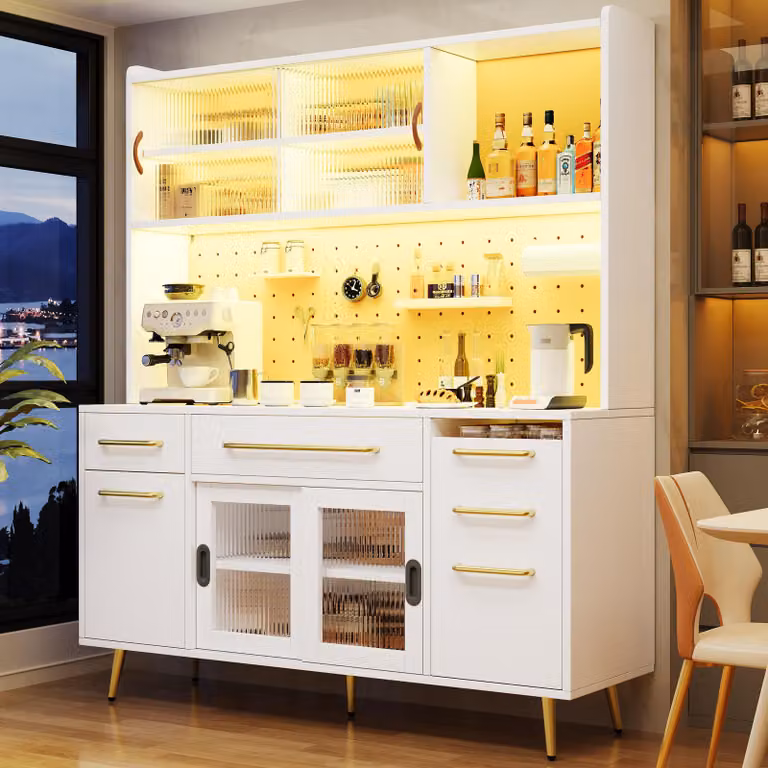 Flieks Credenza moderna con illuminazione a LED, mobile contenitore con pannello forato, cassetto e anta in vetro, mobile alto 145x39x171 cm, bianco