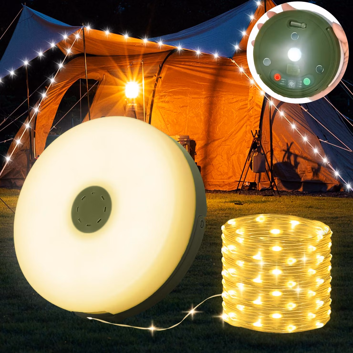 Catena luminosa per campeggio, 10 metri, luce bianco caldo, 120 LED, grado di protezione IP65, alimentazione USB, con telecomando