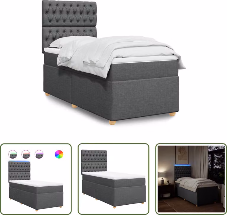The Living Store Letto a molle con materasso grigio scuro 90x190 cm in tessuto