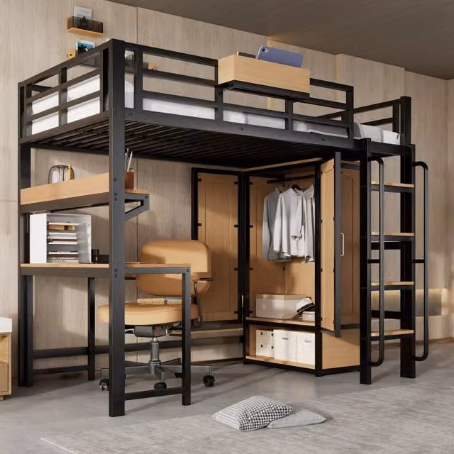 Letto a soppalco 90x200 cm in metallo e MDF con armadio; scrivania e scaffale