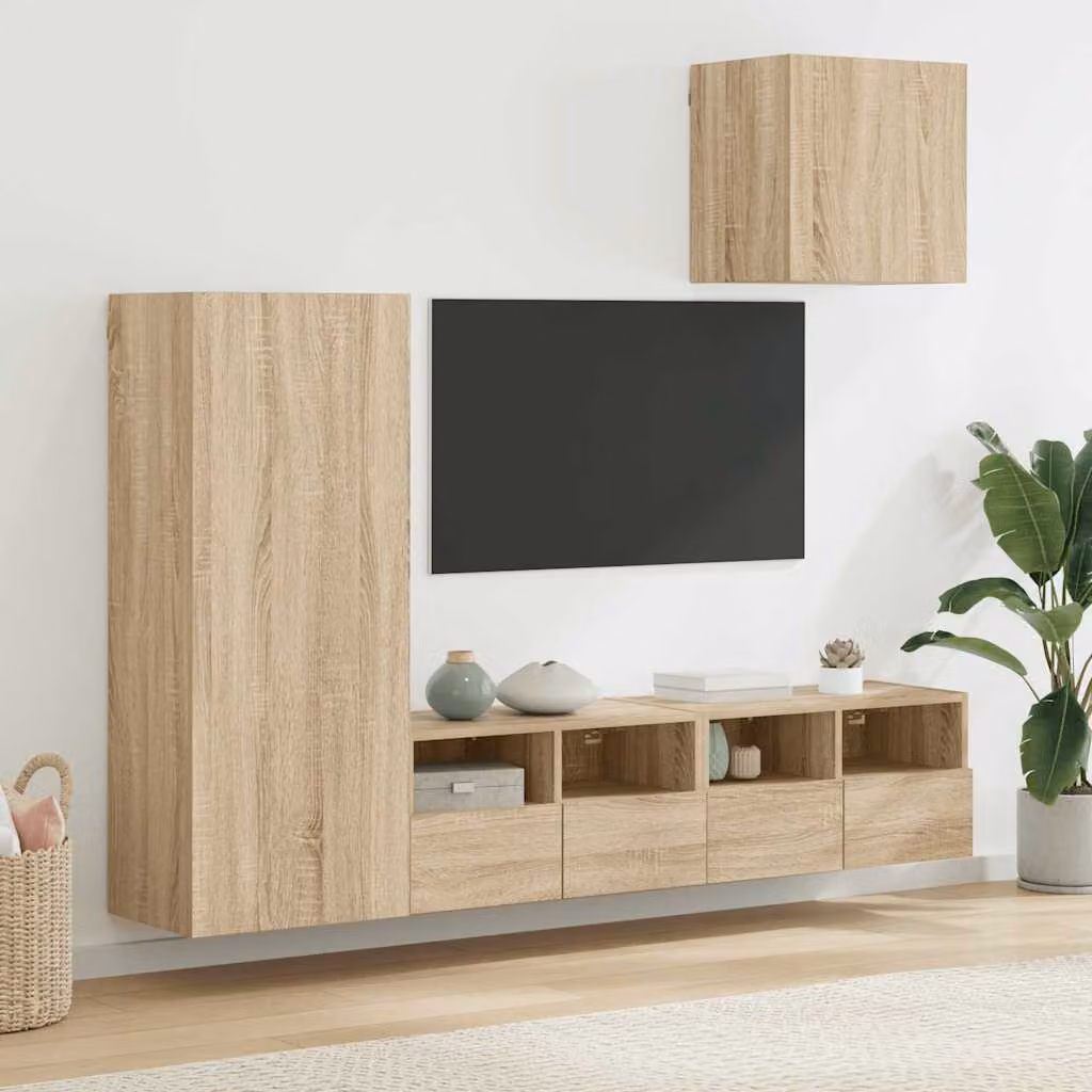 Set di 4 mobili TV da parete vidaXL in legno multistrato e MDF color rovere, design moderno per soggiorno o ufficio in casa – 1