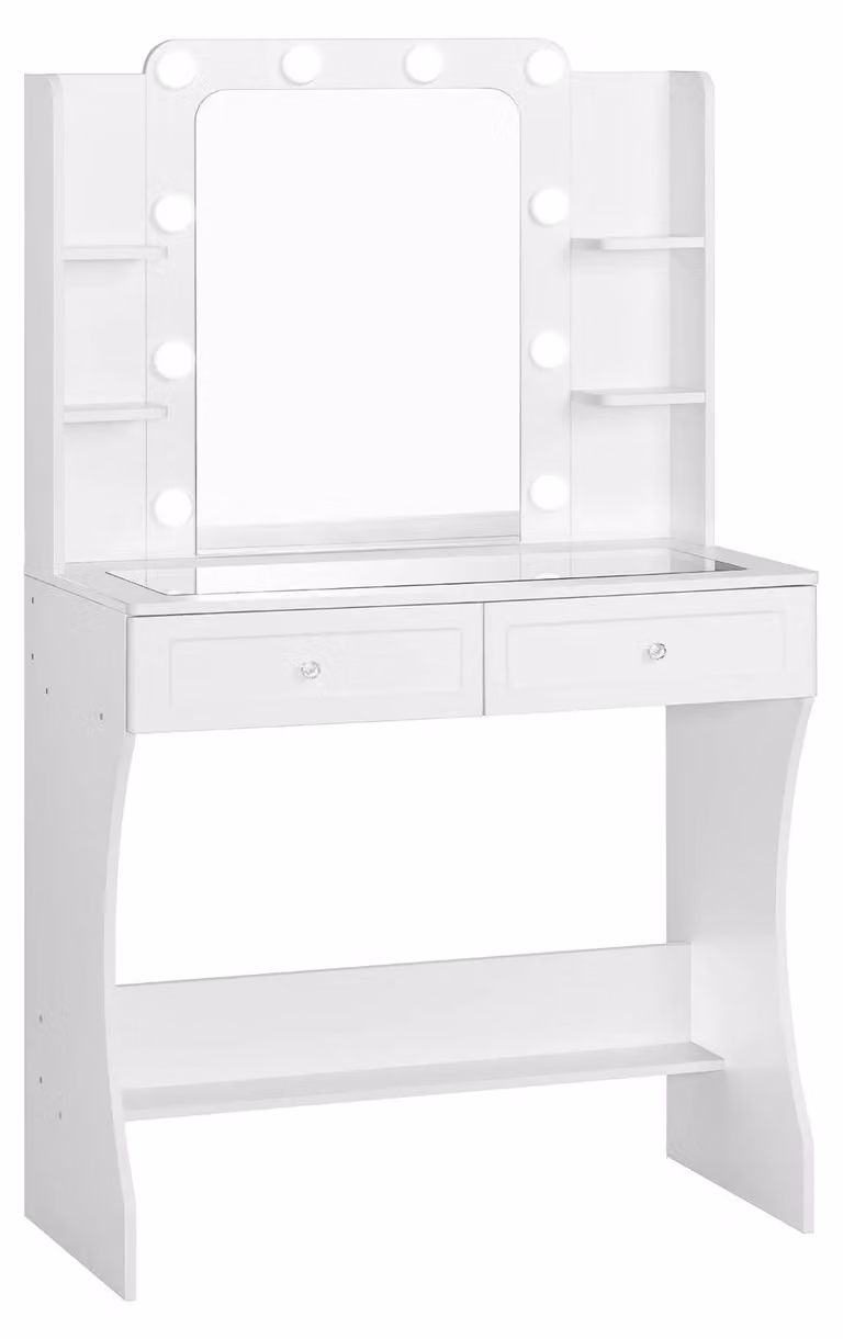 Tavolino da trucco - Tavolino per cosmetici - Illuminazione regolabile con 3 colori - Specchio - Piano in vetro temperato trasparente - 80 x 135 x 40 cm - Bianco