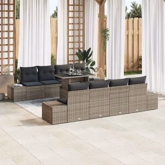 Set Divano da Giardino a Forma a U vidaXL in Polyrattan Grigio con Tavolino e Cuscini – 1