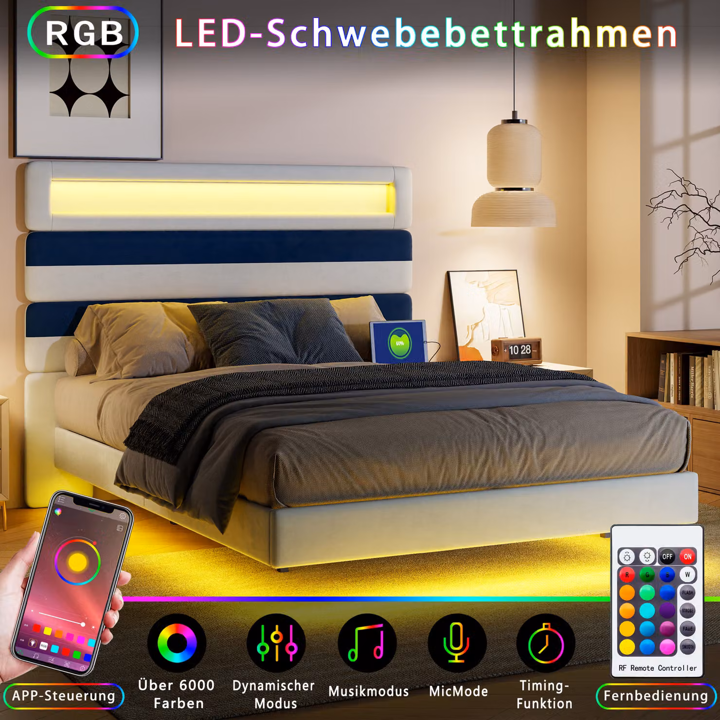 140x190 cm con illuminazione LED integrata, porte USB di tipo C, tessuto velluto bianco