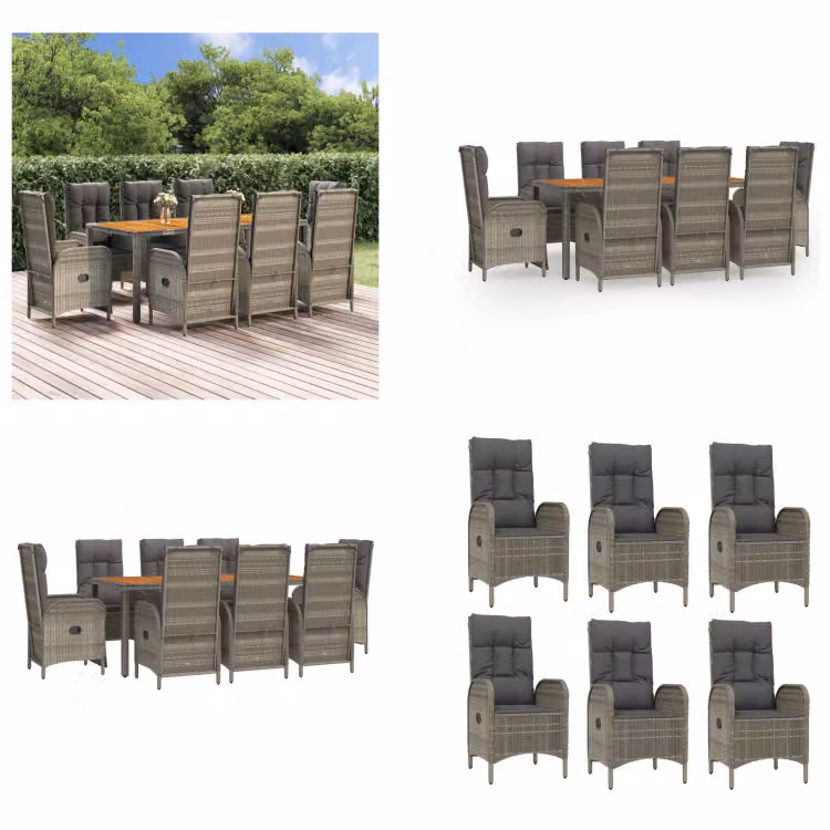 vidaXL Set da pranzo da giardino 9 pezzi con cuscini in poly rattan grigio - Set da pranzo da giardino - Set da pranzo da giardino - Set da pranzo da terrazza