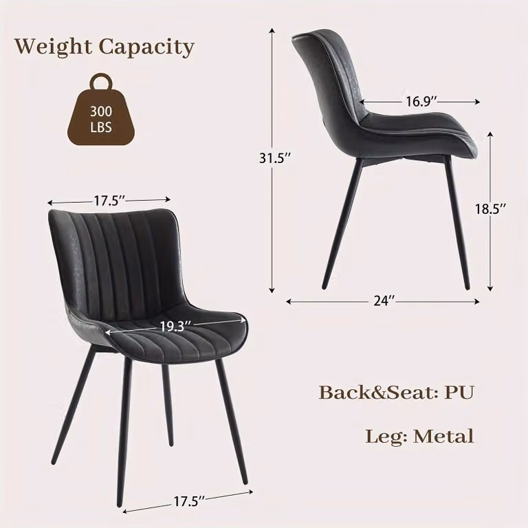 Set di 2 sedie da pranzo in pelle nera, con imbottitura in memory foam e struttura in metallo