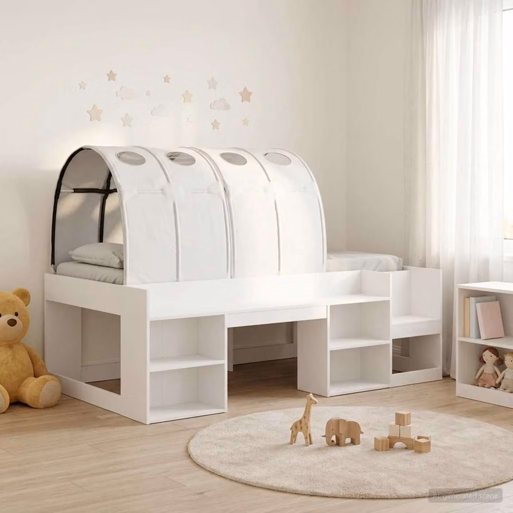 Letto singolo per bambini vidaXL con struttura a casetta e tunnel, colore bianco, in legno ingegnerizzato, L/P/H: 190 x 90 x 118,5 cm