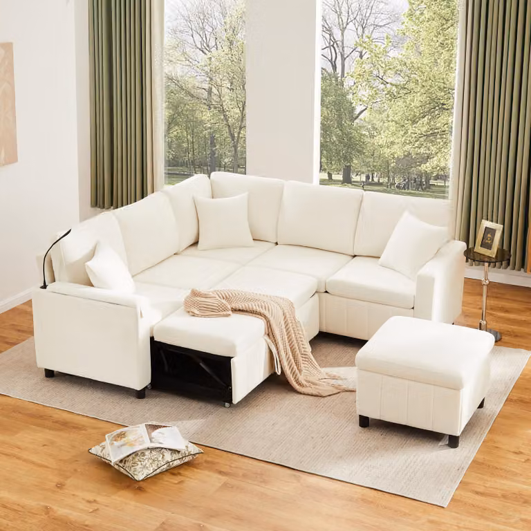 Divano angolare Flieks con luce da lettura e prese USB, divano letto con tavolino integrato, tavolino con portabicchieri e poggiapiedi, dimensioni 205x205x85 cm, colore beige, tessuto chenille