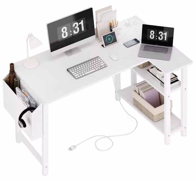 Scrivania a L, bianca - Altezza: 74,9 cm - Larghezza: 100,1 cm - Acciaio rivestito - Ideale per l'ufficio domestico e il gaming