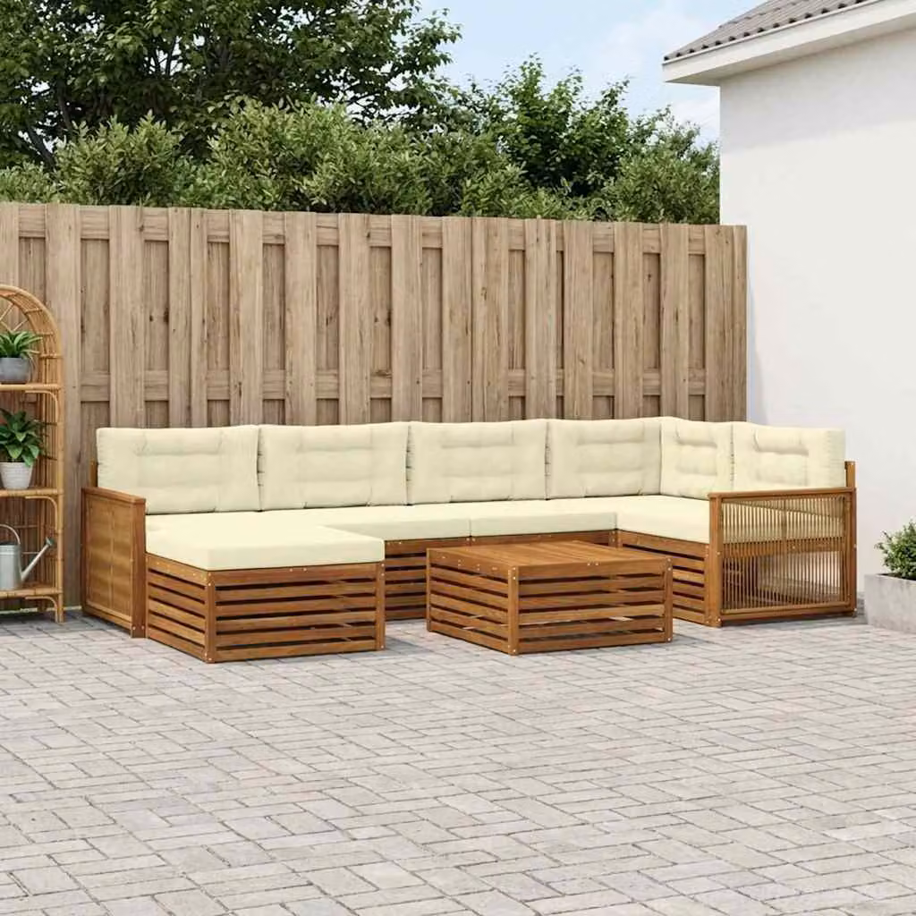 Set di divani da esterno vidaXL 7 pz in legno di acacia con pouf e tavolino, colore beige e marrone