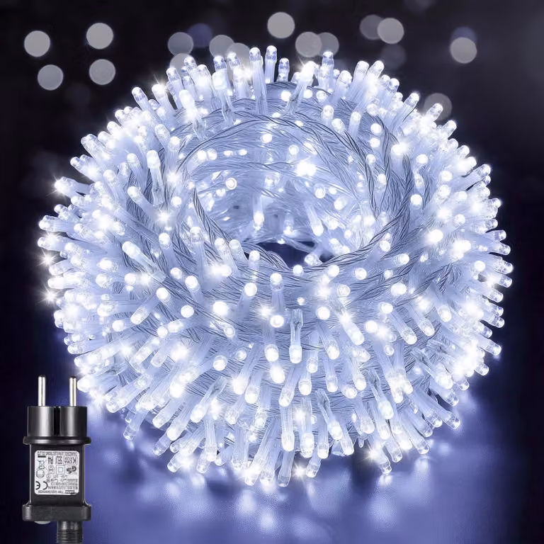 Catena luminosa da 50 metri, con 2000 LED, luce bianca fredda, per uso interno ed esterno