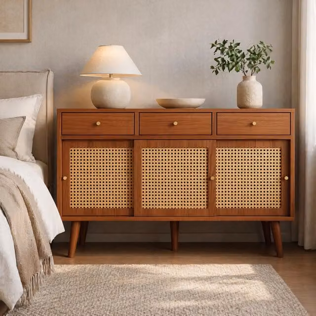 Credenza con 3 cassetti e 3 ante scorrevoli, struttura in MDF noce con impugnature in metallo dorato, ripiani regolabili, 120x40x78 cm