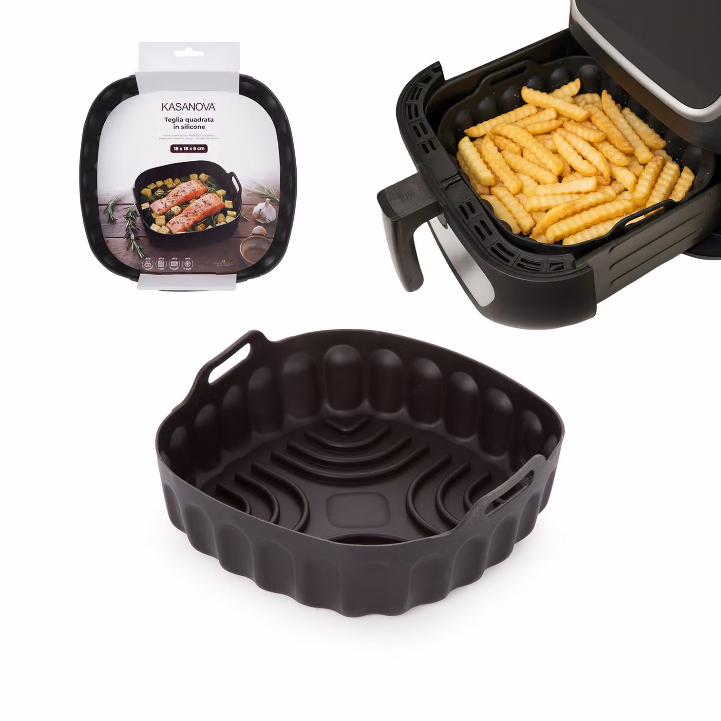 Teglia quadrata in silicone nera KASANOVA per friggitrice ad aria, L/P: 18 x 18 cm, H: 6 cm – 2