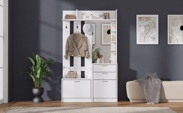 Mobile da ingresso con asta; specchio; 2 cassetti; 2 scarpiere a ribalta e 3 ganci; MDF; bianco; 110x34x185 cm