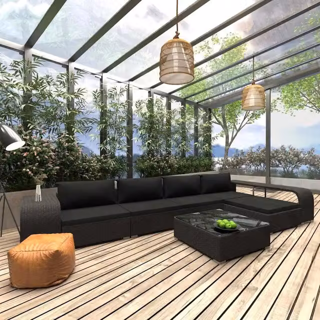 Set da giardino moderno vidaXL composto da 8 pezzi con divani a L, pouf e tavolino da caffè in rattan nero e struttura in metallo con cuscini inclusi