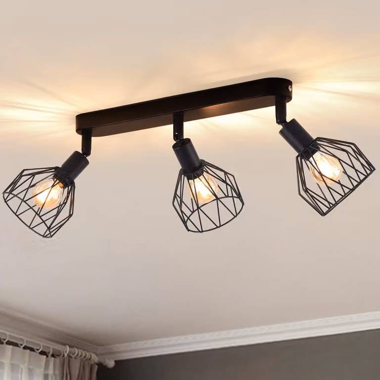 ANWIO Faretto da soffitto a 3 luci nero, lampada da soffitto vintage E14 orientabile, faretto da soffitto a 3 luci, lampada da soffitto LED, lampada da soggiorno, lampada da cucina da soffitto (senza lampadine) EUC-EA190813-14-03RB-1U