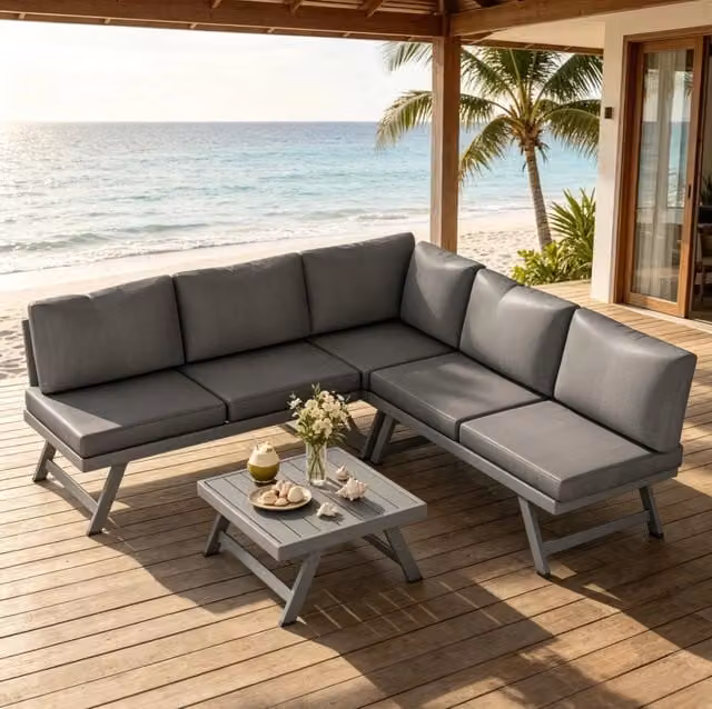 Set salotto da giardino angolare MODFU a L per 5 persone, colore grigio, con divano a 2 posti, elemento angolare, tavolino da caffè e cuscini inclusi in tessuto resistente ai raggi UV