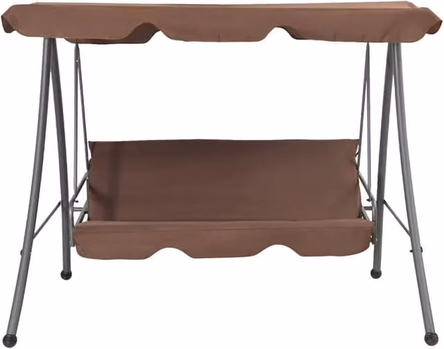 Panchina a dondolo da giardino con baldacchino vidaXL marrone in acciaio verniciato e tessuto resistente ai raggi UV con cuscini inclusi e funzione convertibile in letto